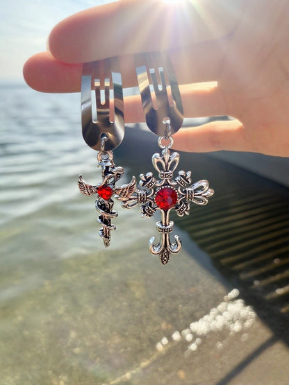 Gothic Red Gem Cross & Angel Wings Metal Hair Clip Set – Vintage Punk Hair Accessories for Women