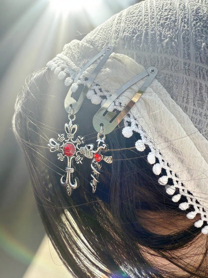 Gothic Red Gem Cross & Angel Wings Metal Hair Clip Set – Vintage Punk Hair Accessories for Women
