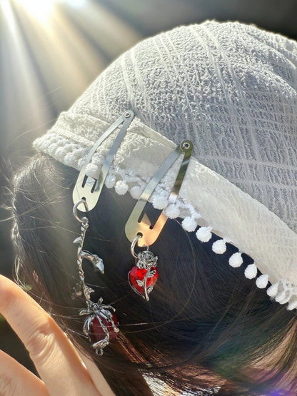 Gothic Red Rose & Heart Metal Hair Clip Set – Vintage Punk Hair Accessories for Women