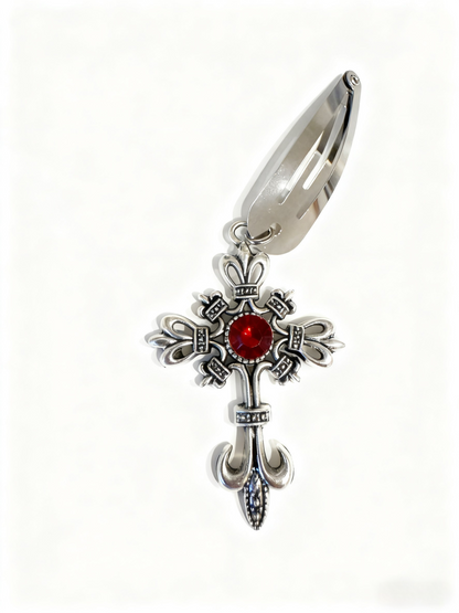 Gothic Red Gem Cross & Angel Wings Metal Hair Clip Set – Vintage Punk Hair Accessories for Women