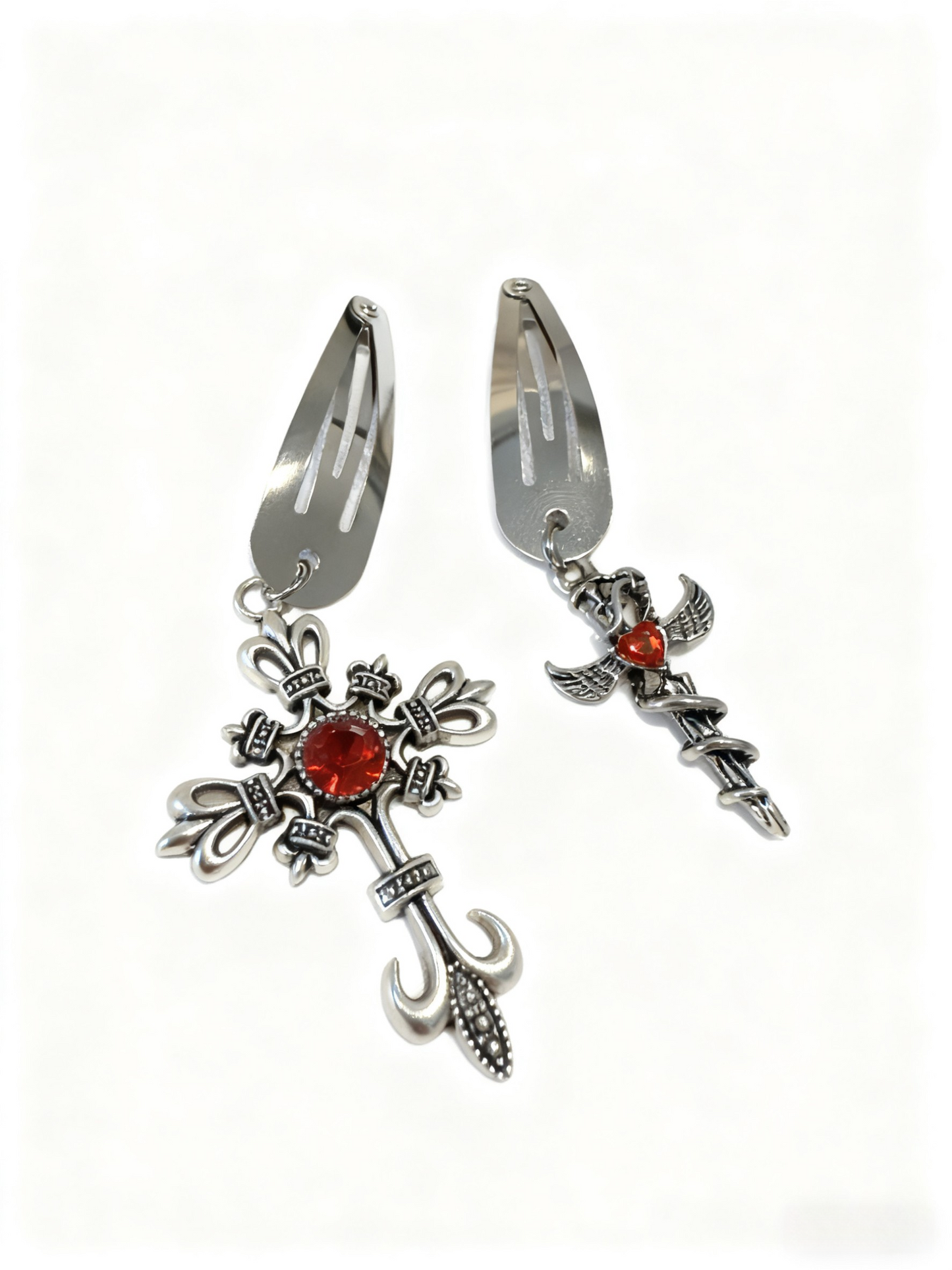 Gothic Red Gem Cross & Angel Wings Metal Hair Clip Set – Vintage Punk Hair Accessories for Women