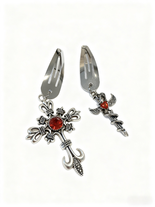 Gothic Red Gem Cross & Angel Wings Metal Hair Clip Set – Vintage Punk Hair Accessories for Women