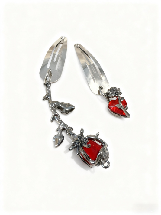 Gothic Red Rose & Heart Metal Hair Clip Set – Vintage Punk Hair Accessories for Women