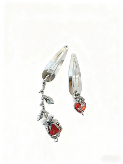 Gothic Red Rose & Heart Metal Hair Clip Set – Vintage Punk Hair Accessories for Women