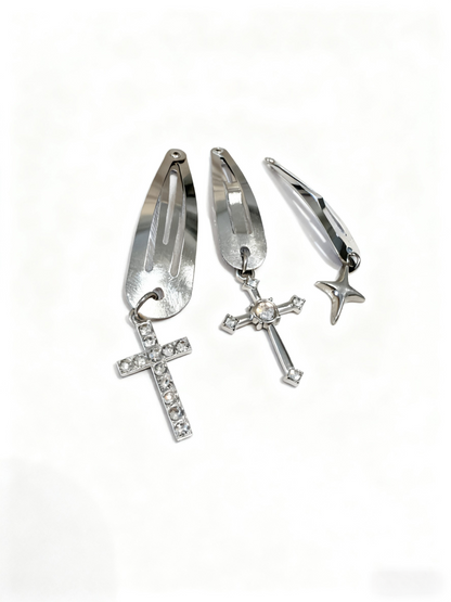 Chic Metal Hair Clip Set – Cross & Star Shaped Hair Accessories for Women, Trendy Punk Hair Barrettes (3 Pieces)