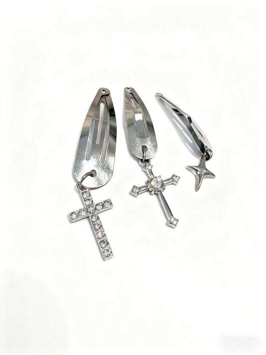 Chic Metal Hair Clip Set – Cross & Star Shaped Hair Accessories for Women, Trendy Punk Hair Barrettes (3 Pieces)